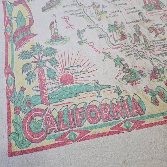 Vintage 40s Large Linen Kitchen Tea Towel California Souvenir Tourist Map 37x29" - Picture 3 of 6